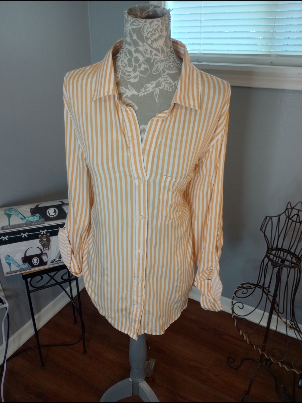 Gold & White Striped Button-Up Shirt